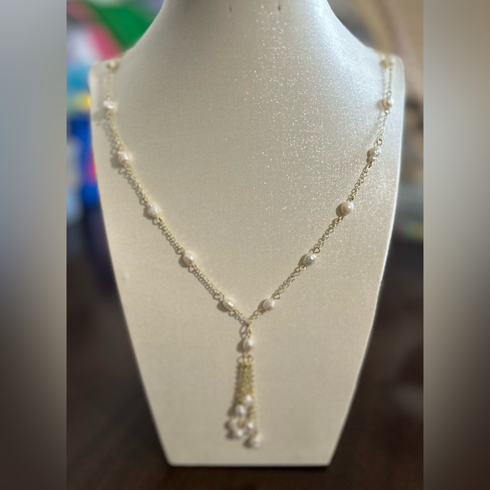 Delicate Pearl Station Gold Tassel Necklace - White Pearls